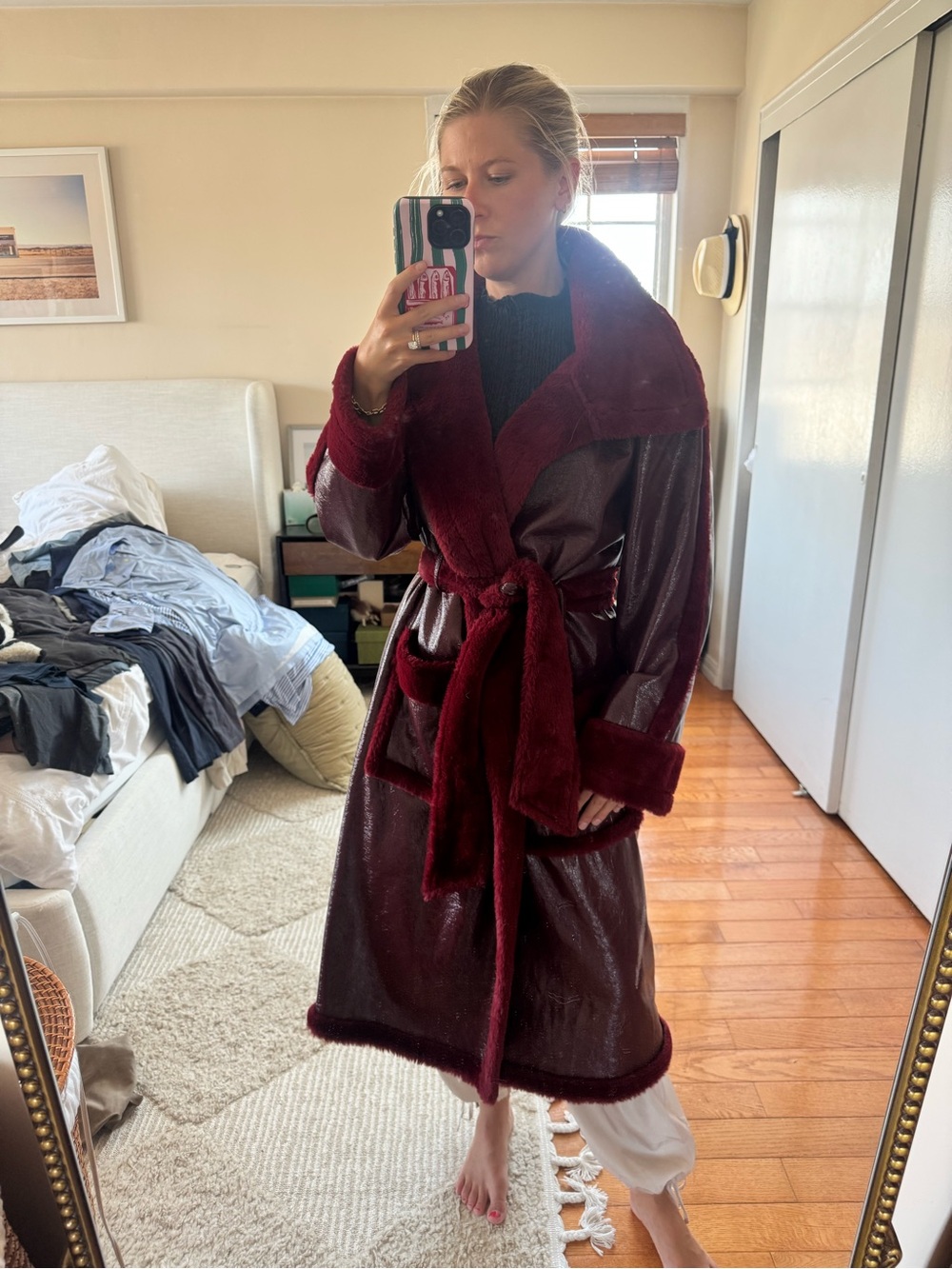 Plush Burgundy Faux-Fur Trim Coat